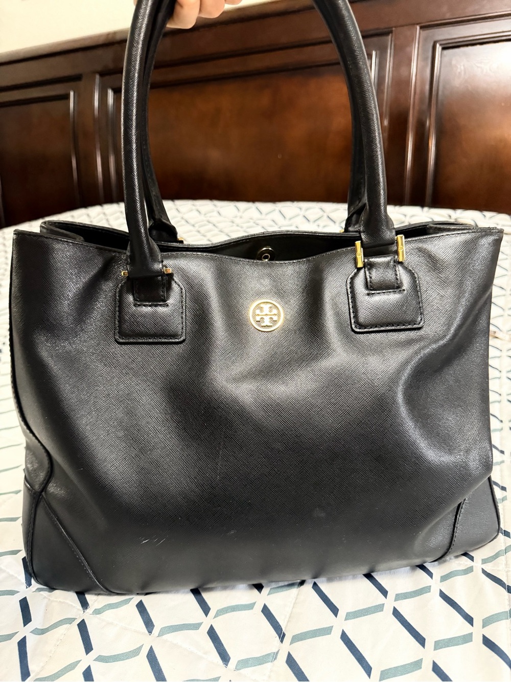 Tory Burch Black Leather Tote with Gold Logo
